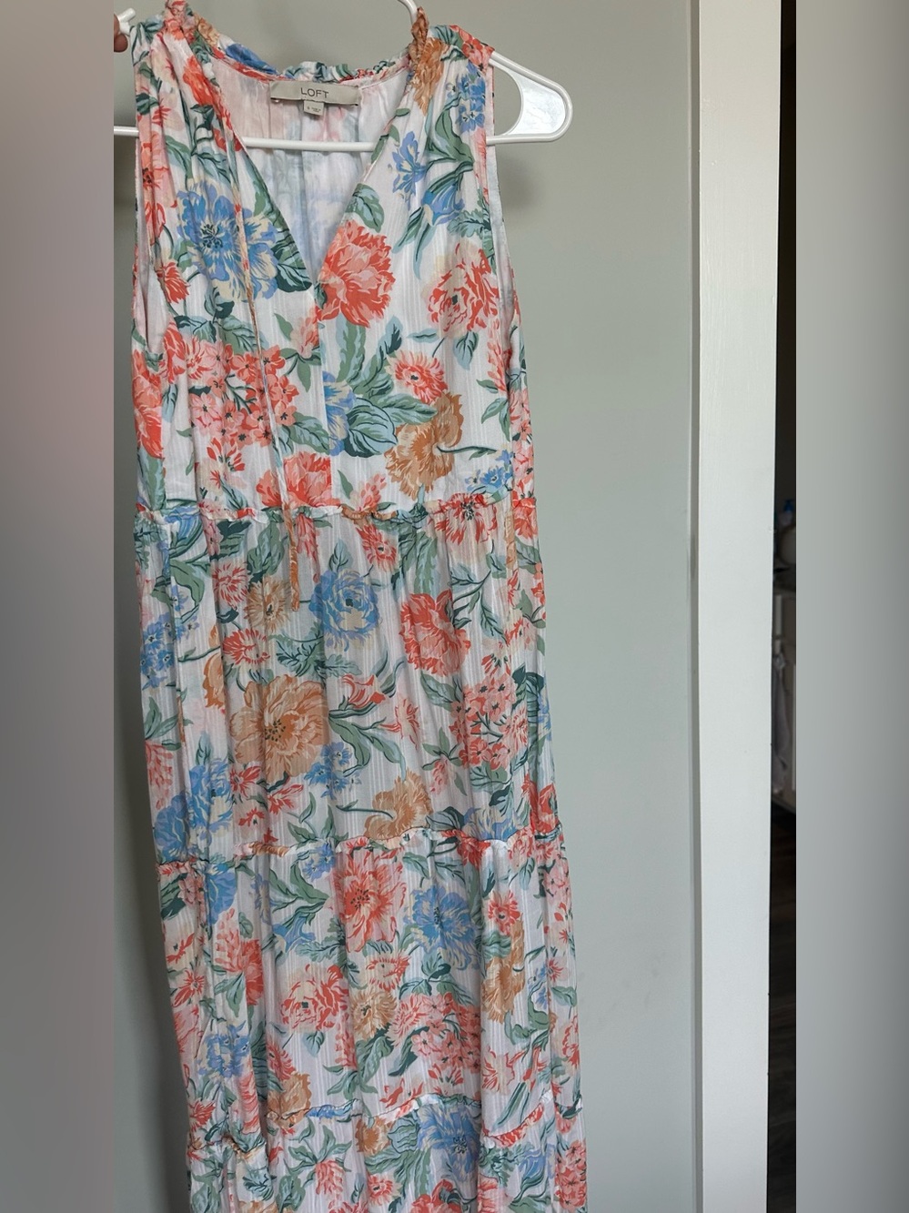 LOFT Floral Midi Dress - Coral, Blue & Green & orange & white